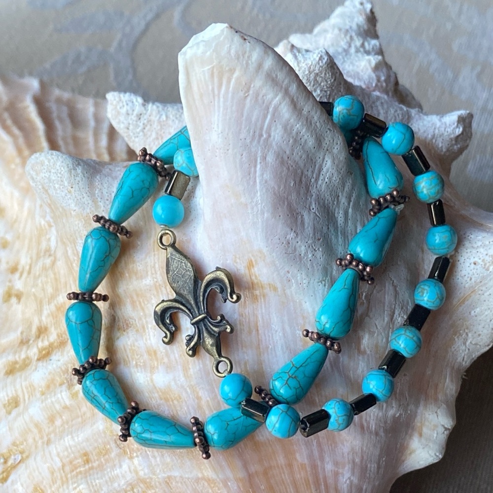 Handmade Turquoise Boho Copper Stretch Bracelet Set of 2 Fleur de Lis